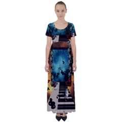 Music, Piano With Birds And Butterflies High Waist Short Sleeve Maxi Dress