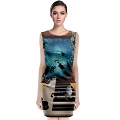 Music, Piano With Birds And Butterflies Classic Sleeveless Midi Dress