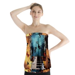 Music, Piano With Birds And Butterflies Strapless Top by FantasyWorld7