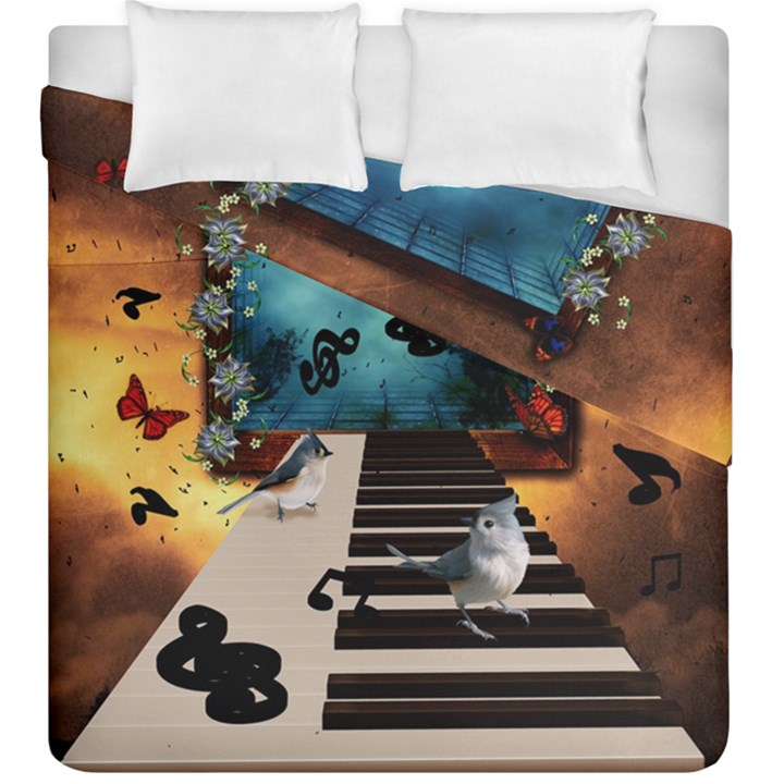 Music, Piano With Birds And Butterflies Duvet Cover Double Side (King Size)