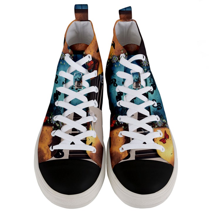 Music, Piano With Birds And Butterflies Men s Mid-Top Canvas Sneakers