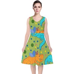 Colorful Dragons Pattern V-neck Midi Sleeveless Dress  by Bigfootshirtshop