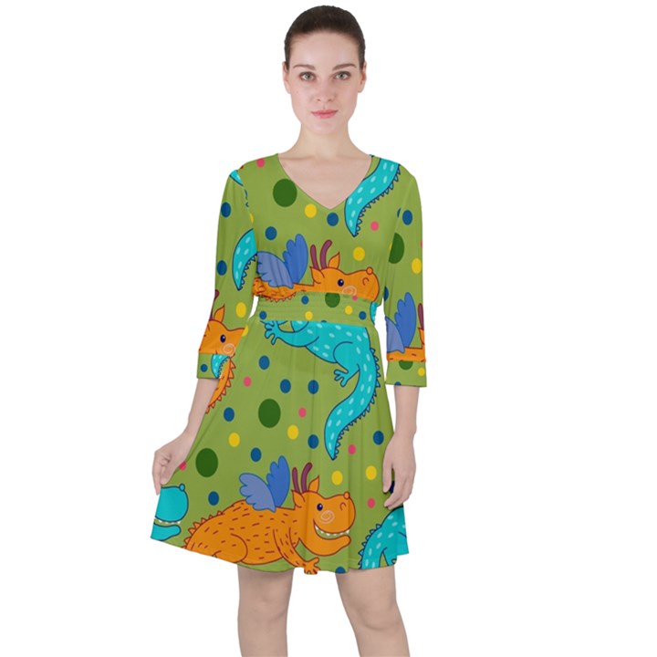 Colorful Dragons Pattern Ruffle Dress