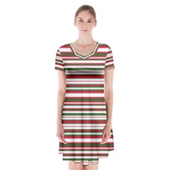 Christmas Stripes Pattern Short Sleeve V-neck Flare Dress by patternstudio