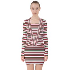 Christmas Stripes Pattern V-neck Bodycon Long Sleeve Dress by patternstudio