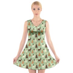 Reindeer Tree Forest Art V-neck Sleeveless Skater Dress by patternstudio