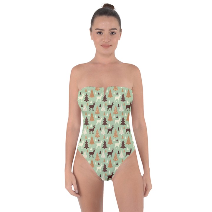 Reindeer Tree Forest Art Tie Back One Piece Swimsuit