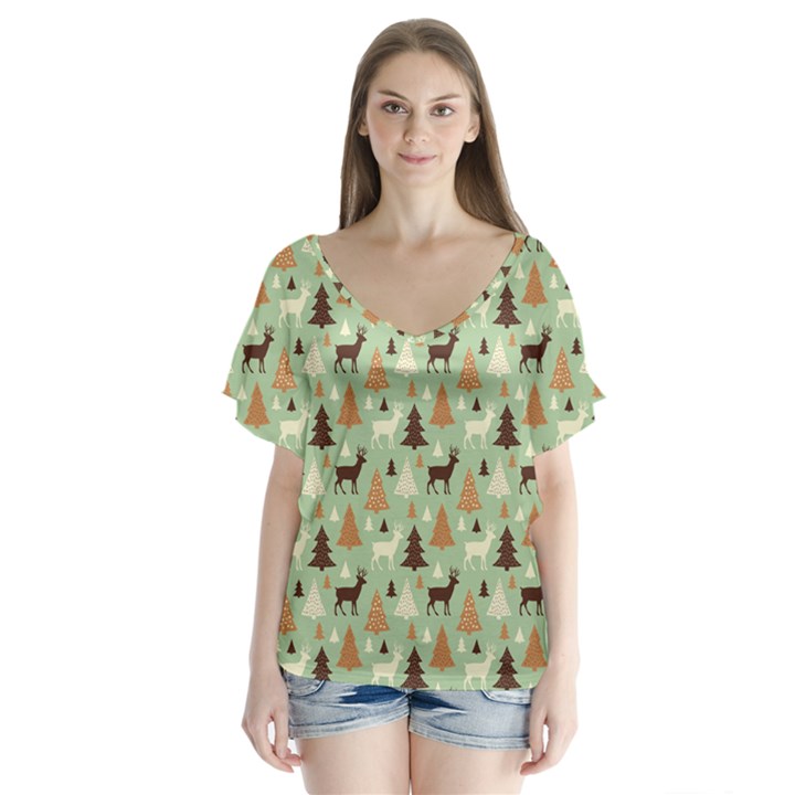 Reindeer Tree Forest Art V-Neck Flutter Sleeve Top