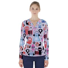 Funky Monsters Pattern V-neck Long Sleeve Top