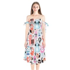 Funky Monsters Pattern Shoulder Tie Bardot Midi Dress by Bigfootshirtshop