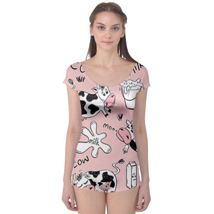 Fresh Milk Cow Pattern Boyleg Leotard 