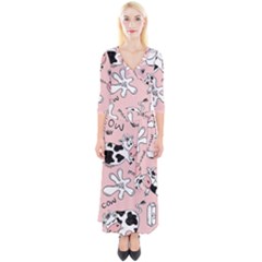 Fresh Milk Cow Pattern Quarter Sleeve Wrap Maxi Dress