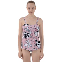 Fresh Milk Cow Pattern Twist Front Tankini Set