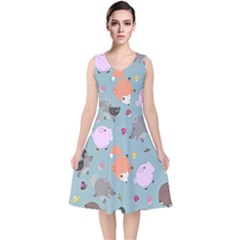 Little Round Animal Friends V-neck Midi Sleeveless Dress 