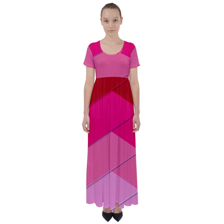 Geometric Shapes Magenta Pink Rose High Waist Short Sleeve Maxi Dress