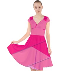 Geometric Shapes Magenta Pink Rose Cap Sleeve Front Wrap Midi Dress