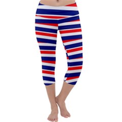 Red White Blue Patriotic Ribbons Capri Yoga Leggings by Celenk