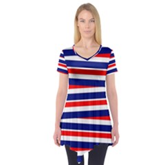 Red White Blue Patriotic Ribbons Short Sleeve Tunic  by Celenk