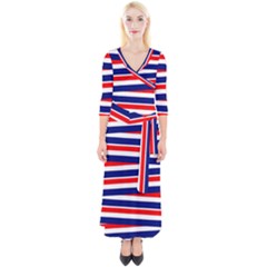 Red White Blue Patriotic Ribbons Quarter Sleeve Wrap Maxi Dress by Celenk