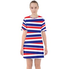 Red White Blue Patriotic Ribbons Sixties Short Sleeve Mini Dress