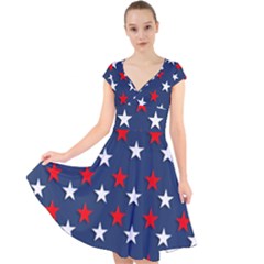 Patriotic Colors America Usa Red Cap Sleeve Front Wrap Midi Dress