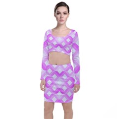 Geometric Chevrons Angles Pink Long Sleeve Crop Top & Bodycon Skirt Set