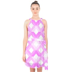 Geometric Chevrons Angles Pink Halter Collar Waist Tie Chiffon Dress by Celenk