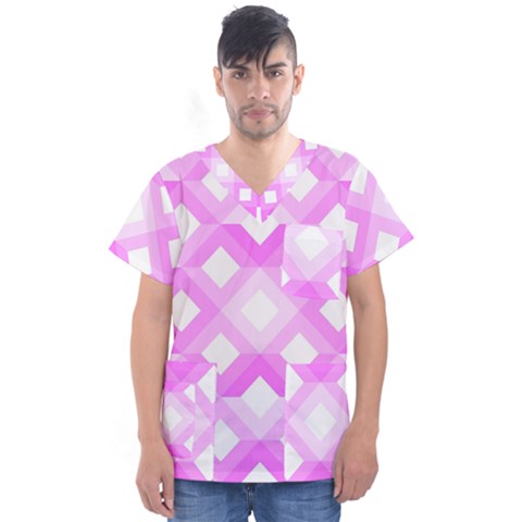 Geometric Chevrons Angles Pink Men s V-neck Scrub Top by Celenk