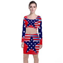 Patriotic American Usa Design Red Long Sleeve Crop Top & Bodycon Skirt Set