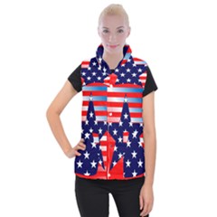 Patriotic American Usa Design Red Women s Button Up Puffer Vest