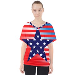 Patriotic American Usa Design Red V-neck Dolman Drape Top