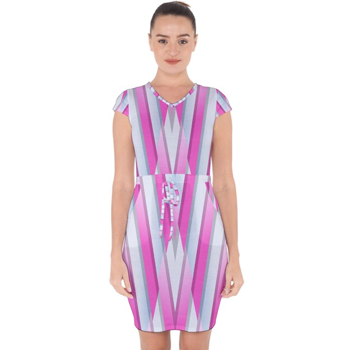 Geometric 3d Design Pattern Pink Capsleeve Drawstring Dress 