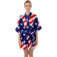 Patriotic Usa Stars Stripes Red Quarter Sleeve Kimono Robe