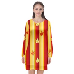 Autumn Fall Leaves Vertical Long Sleeve Chiffon Shift Dress 