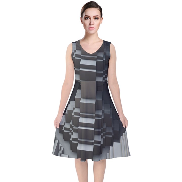 Fractal Render Cube Cubic Shape V-Neck Midi Sleeveless Dress 