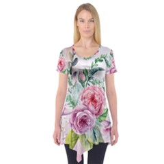 Flowers And Leaves In Soft Purple Colors Short Sleeve Tunic  by FantasyWorld7