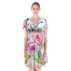 Flowers And Leaves In Soft Purple Colors Short Sleeve V-neck Flare Dress by FantasyWorld7