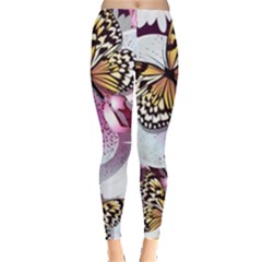 Butterflies With White And Purple Flowers  Leggings  by Bigfootshirtshop