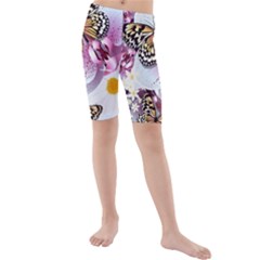 Butterflies With White And Purple Flowers  Kids  Mid Length Swim Shorts by Bigfootshirtshop