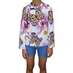 Butterflies With White And Purple Flowers  Kids  Long Sleeve Swimwear by Bigfootshirtshop