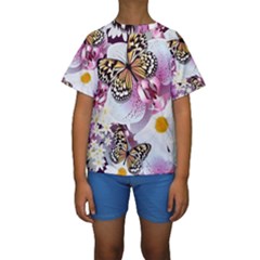 Butterflies With White And Purple Flowers  Kids  Short Sleeve Swimwear by Bigfootshirtshop