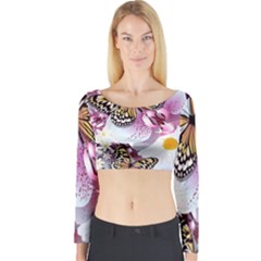 Butterflies With White And Purple Flowers  Long Sleeve Crop Top by Bigfootshirtshop