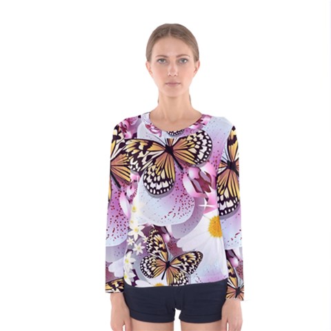 Butterflies With White And Purple Flowers  Women s Long Sleeve Tee by Bigfootshirtshop