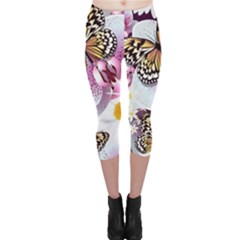 Butterflies With White And Purple Flowers  Capri Leggings  by Bigfootshirtshop