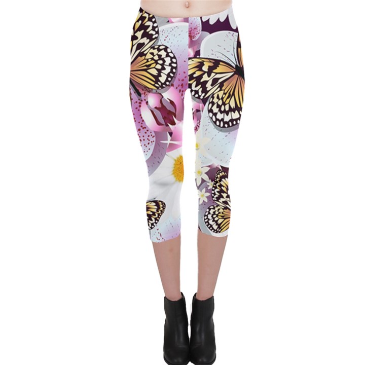 Butterflies With White And Purple Flowers  Capri Leggings 