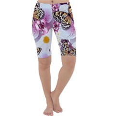 Butterflies With White And Purple Flowers  Cropped Leggings  by Bigfootshirtshop