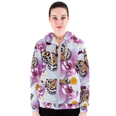 Butterflies With White And Purple Flowers  Women s Zipper Hoodie by Bigfootshirtshop