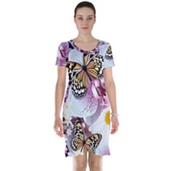 Butterflies With White And Purple Flowers  Short Sleeve Nightdress by Bigfootshirtshop