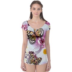 Butterflies With White And Purple Flowers  Boyleg Leotard  by Bigfootshirtshop