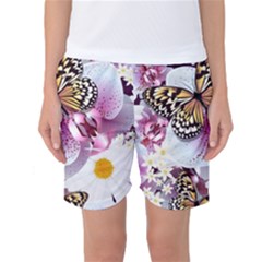 Butterflies With White And Purple Flowers  Women s Basketball Shorts by Bigfootshirtshop